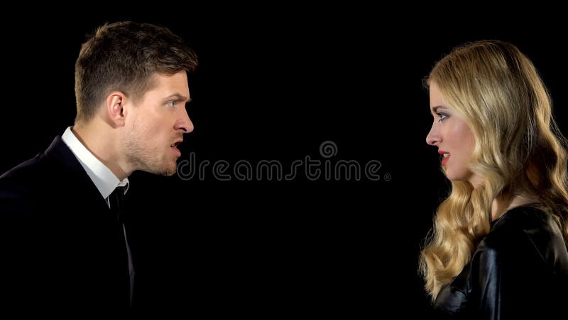 Angry boyfriend and girlfriend swearing, relationship problem, break up risk stock photos Angry boyfriend and girlfriend swearing, relationship problem, break up risk stock photos