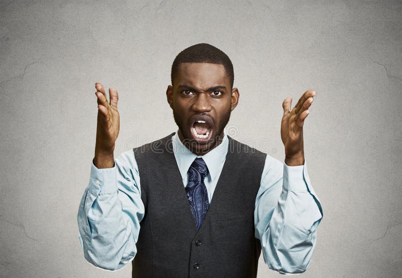 Closeup portrait angry man with hands in air, wide open mouth yelling, black background. Negative emotion, facial expression feelings. Conflict scandal problems. Closeup portrait angry man with hands in air, wide open mouth yelling, black background. Negative emotion, facial expression feelings. Conflict scandal problems