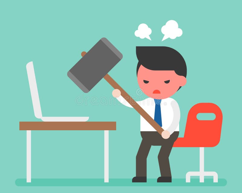 Angry businessman carrying hammer to destroy laptop on desk, com stock illustration Angry businessman carrying hammer to destroy laptop on desk, com stock illustration