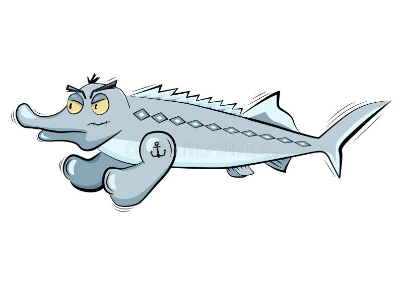 Angry cartoon male of fish sturgeon clenches its fists.