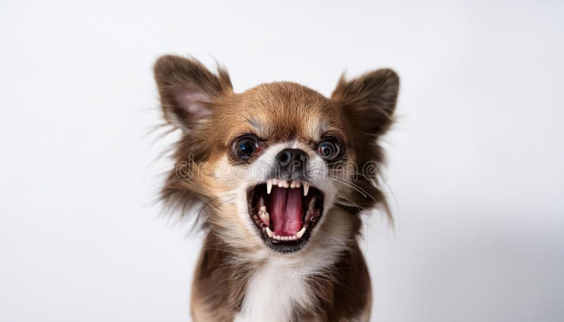 Chihuahua arrabbiato che mostra aggressività su sfondo bianco: esplorazione del comportamento canino emotivo e illuminazione dramm illustrazione di stock