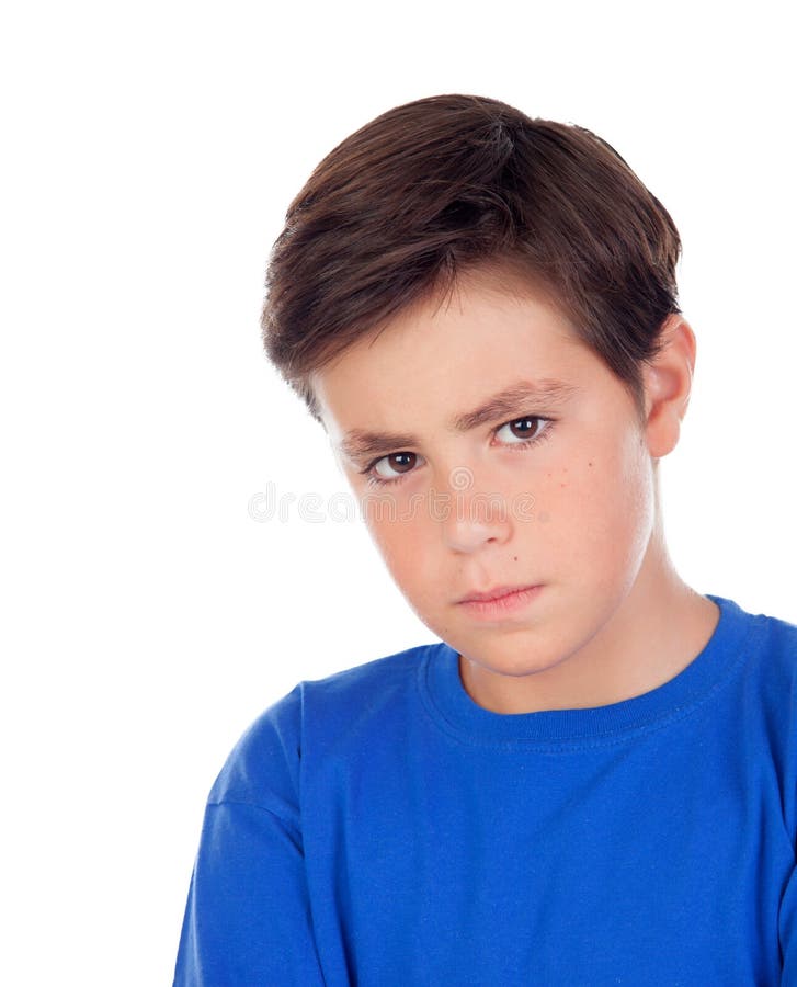 Angry child with ten years old and blue t-shirt isolated on a white background