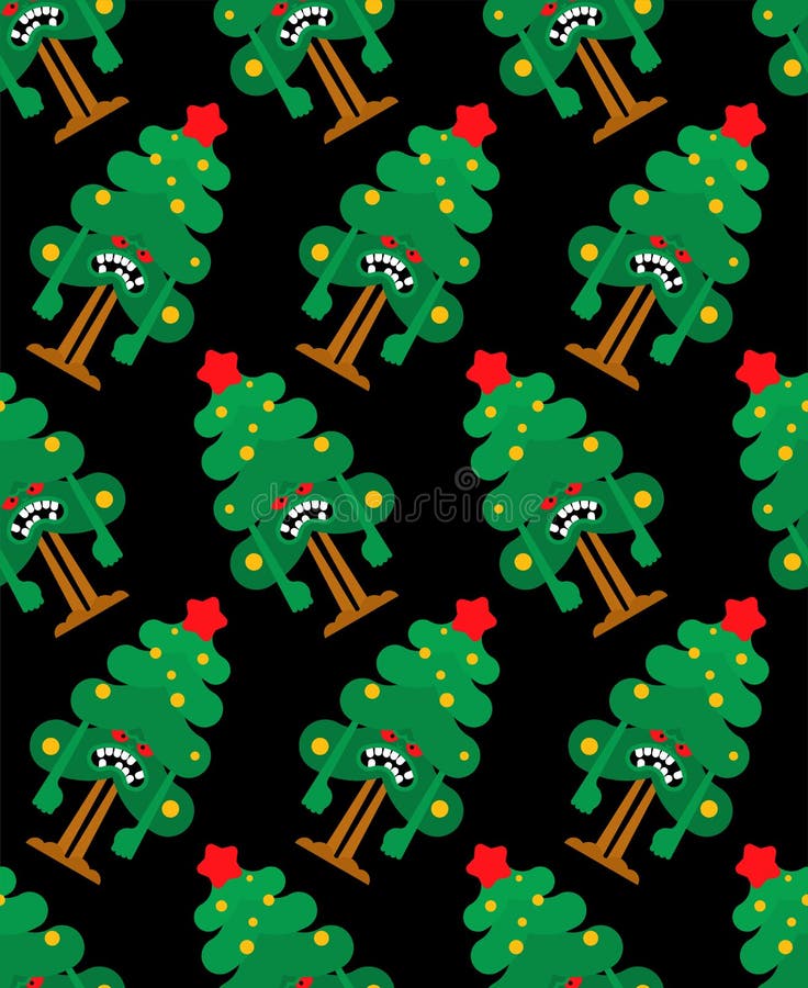 Angry Christmas tree pattern seamless. Crazy Xmas and New Year vector background stock illustration