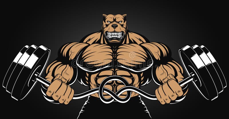 Vector illustration of an angry dog with a barbell. Growling dog vectors