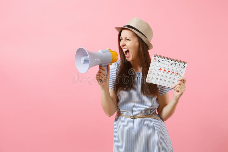 Angry Expression Wild Woman Screaming In Megaphone Holding Periods