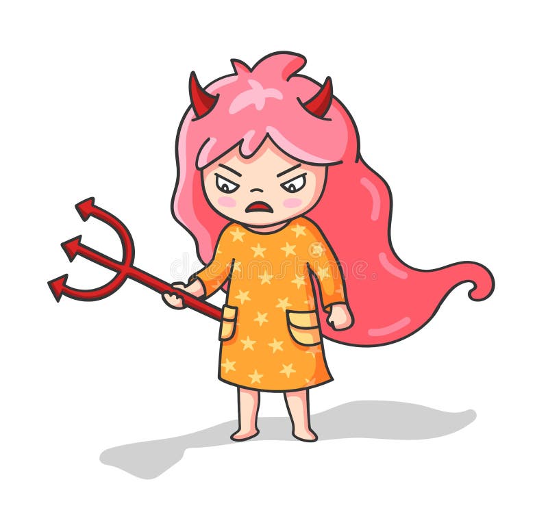 Angry girl with trident and devil horns. Cute cartoon character for emoji, sticker, pin, patch, badge. vector illustration Angry girl with trident and devil horns. Cute cartoon character for emoji, sticker, pin, patch, badge. vector illustration