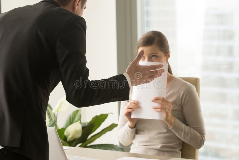Angry irritated boss reprimanding employee, verbal warning about