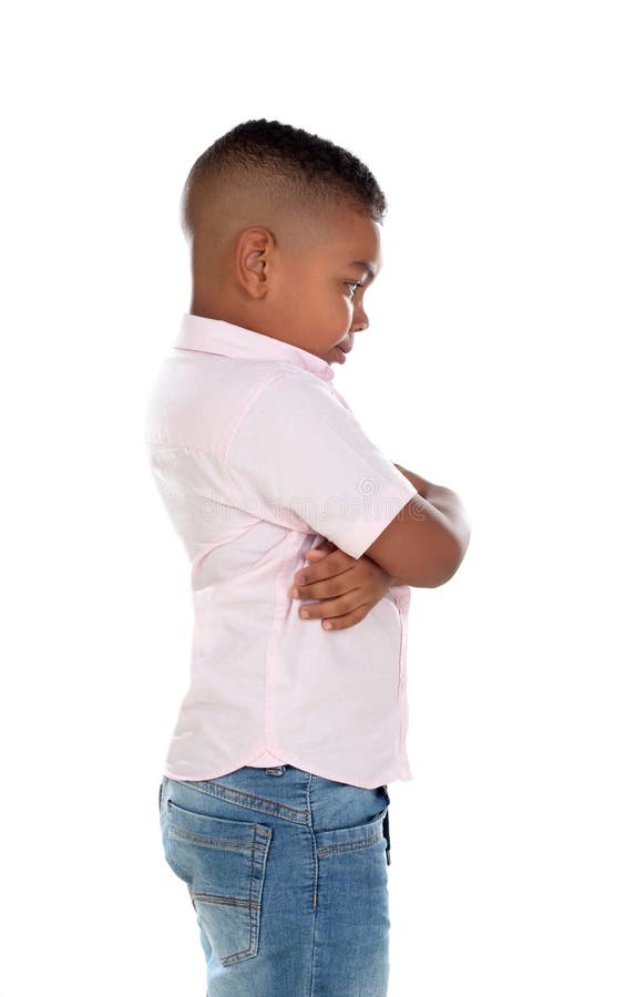 Angry latin child isolated on a white background