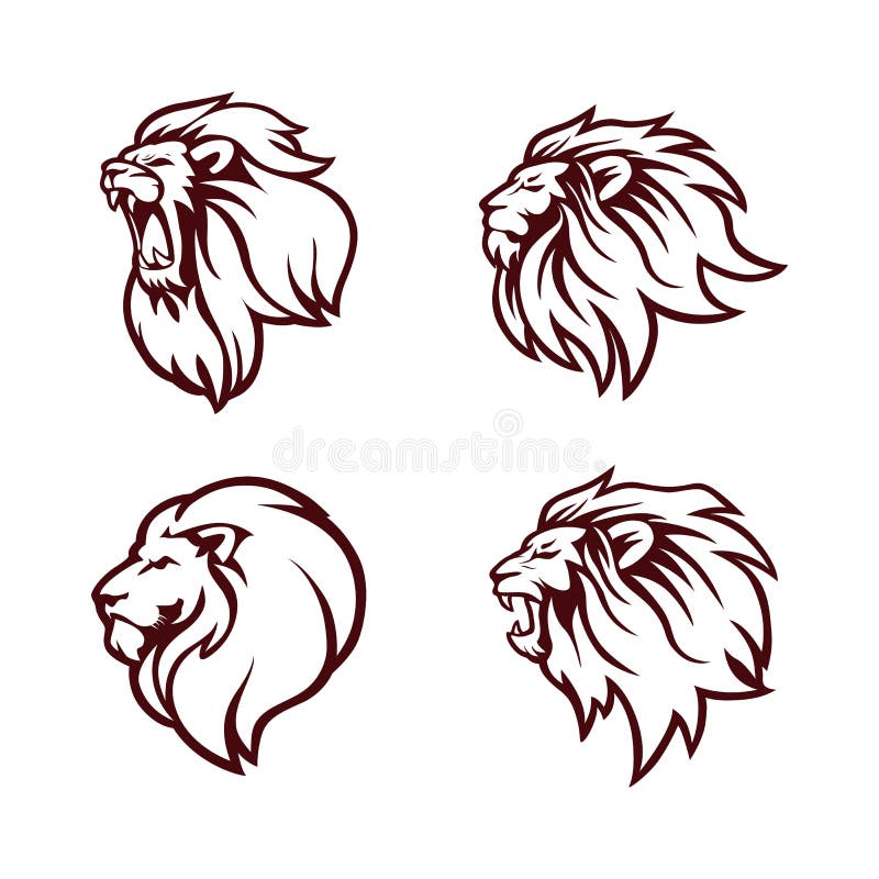 Angry Lion Head Logo Set, Icon, Sign, Outline Flat Design Vector Illustration royalty free illustration