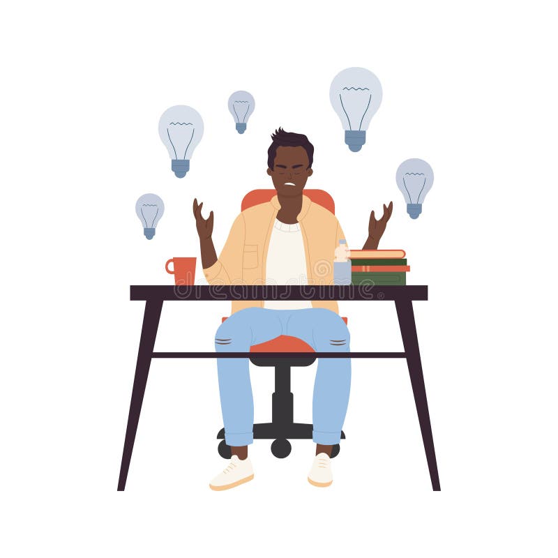 Angry Man Sitting at Table with No Ideas, Dark Light Bulbs Above Head