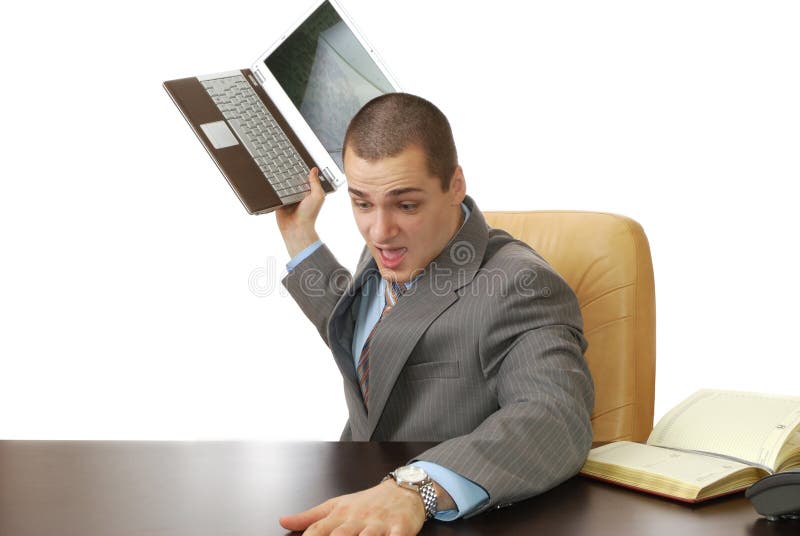 Angry man at work isolated on white background