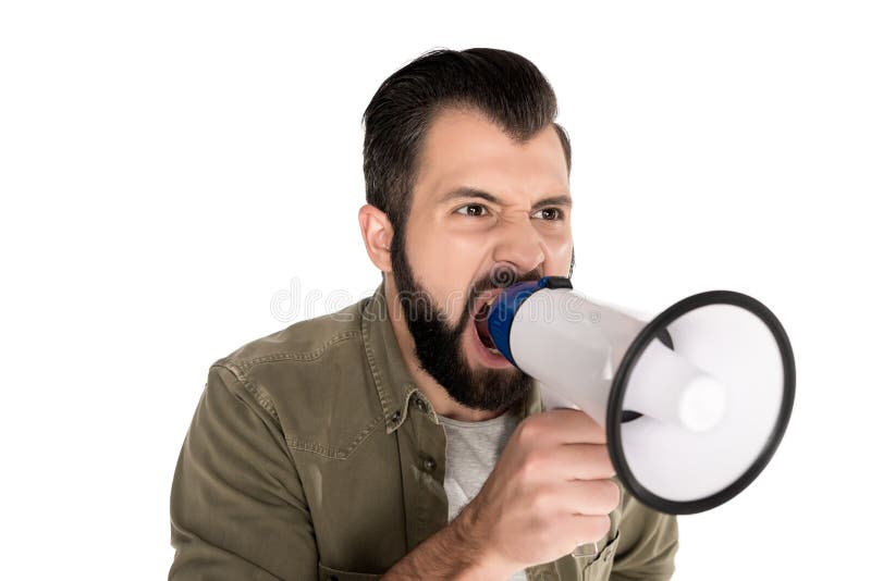 angry man yelling into megaphone, stock photo angry man yelling into megaphone, stock photo