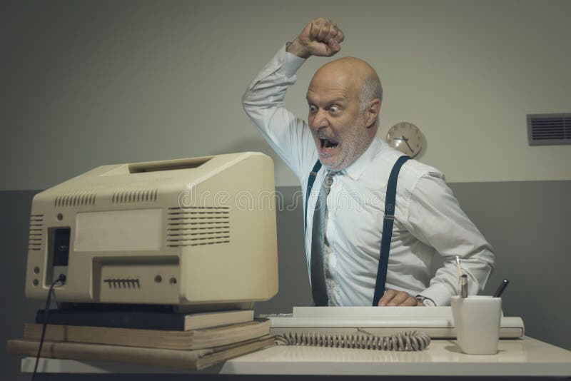 Angry Office Worker Hitting His Outdated Computer Stock Photo - Image of  hitting, mature: 162560454