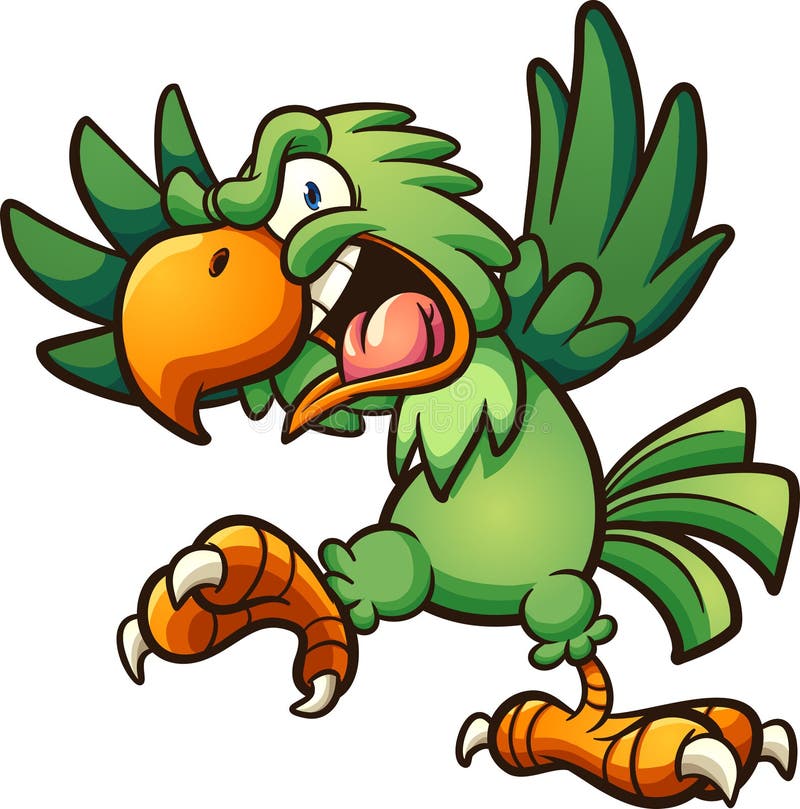 Angry cartoon green parrot with open mouth