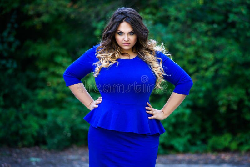 Angry Plus Size Fashion Model in Blue Dress Outdoors, Beauty Woman with ...