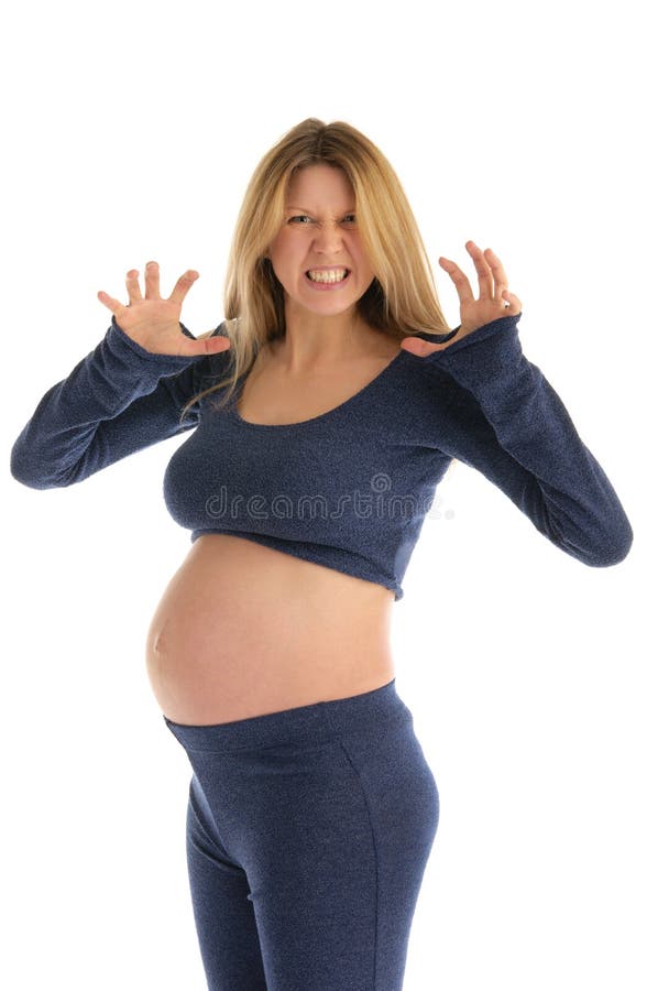 Angry pregnant woman in a dark suit