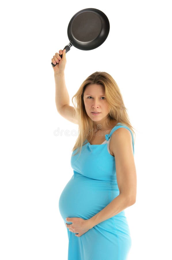 Angry pregnant woman with frying pan