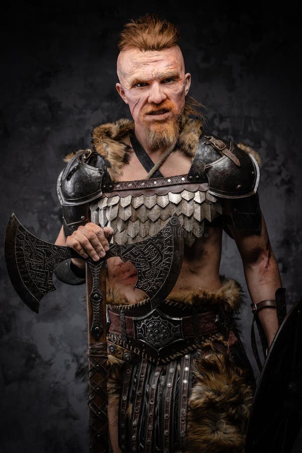 Angry Redhead Viking Warrior Posing Against Dark Background Stock Image ...