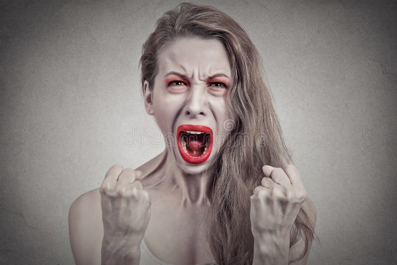 Angry screaming woman hysterical having breakdown