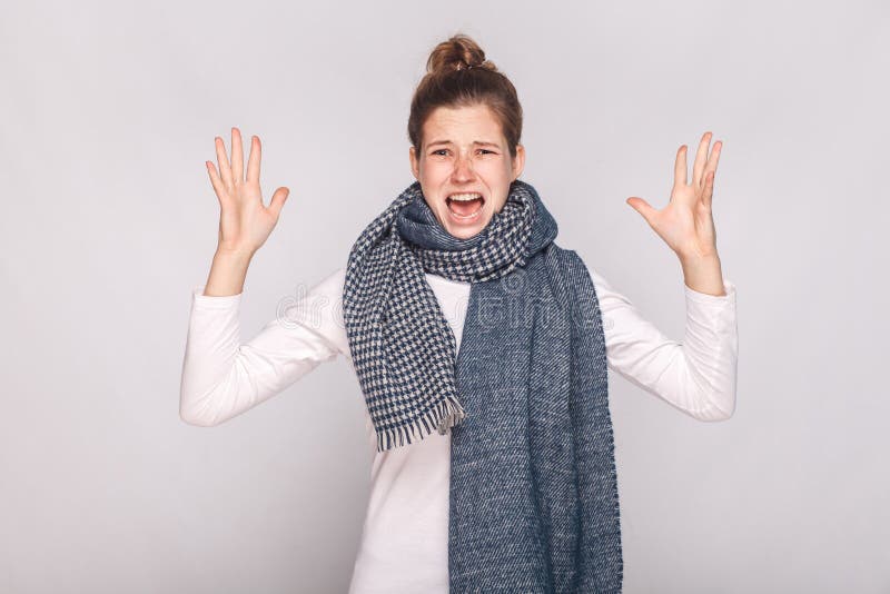 Angry sick woman roar at camera and have unwell look royalty free stock images Angry sick woman roar at camera and have unwell look royalty free stock images