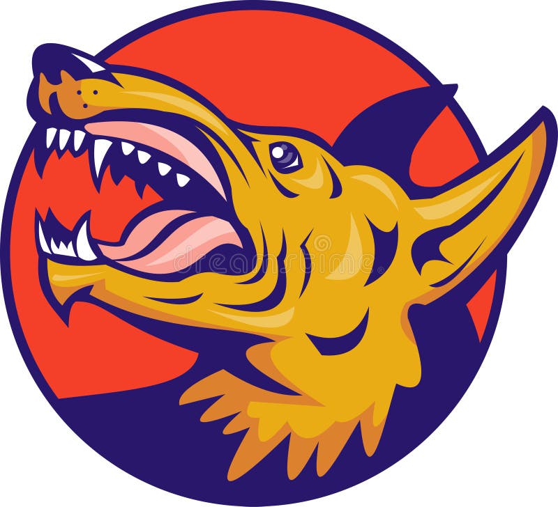 Illustration of an Angry wolf or wild dog baring fangs set inside a circle. Growling dog illustrations