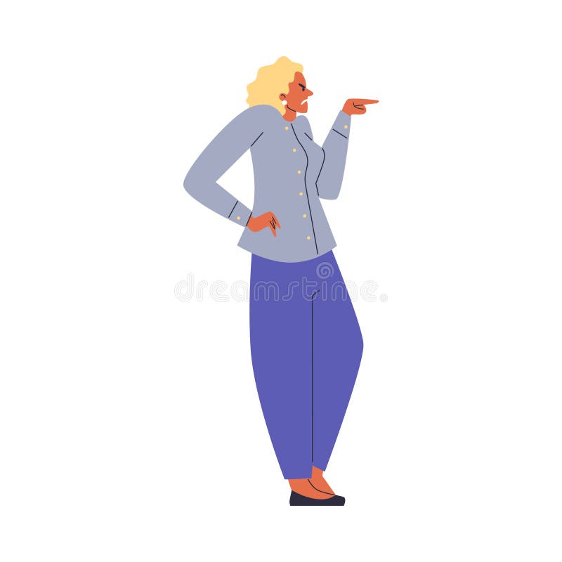Angry woman pointing, threatening her finger, cartoon vector negative emotion gesture, swears grumpy face expression vector illustration