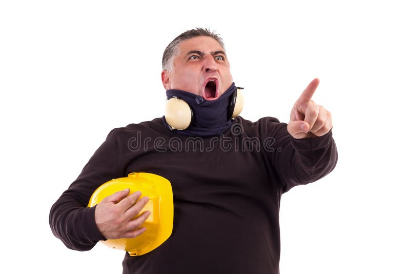 Angry worker pointing at something and screaming stock images Angry worker pointing at something and screaming stock images