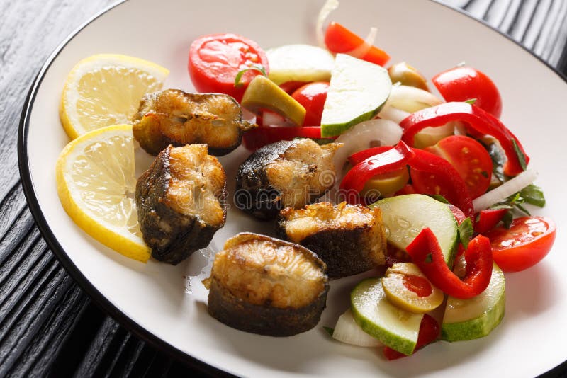 Anguila frita de la comida gastrónoma con el primer de la ensalada de las verduras frescas en una placa horizontal imagen de archivo Anguila frita de la comida gastrónoma con el primer de la ensalada de las verduras frescas en una placa horizontal imagen de archivo