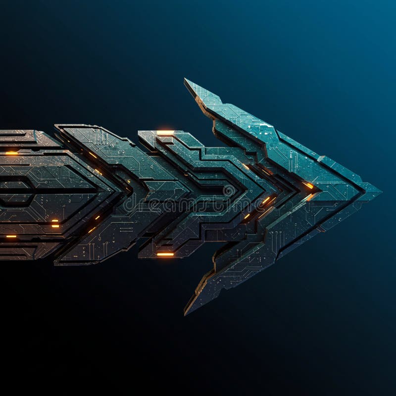 Angular, futuristic arrow composed of interlocking components with circuit-like stock illustration