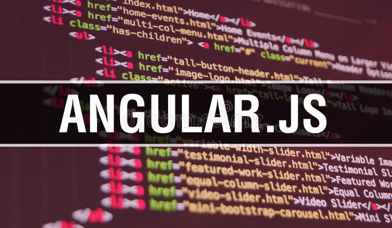 ANGULAR. JS concept illustration using code for developing programs and app. JS website code with colourful tags in browser view on dark background. JS on binary computer code. Angularjs illustrations