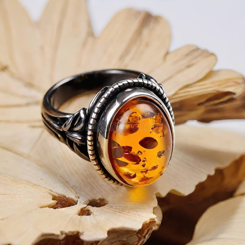 Anillo de joyería con un ámbar sobre una superficie de piedra stock de ilustración