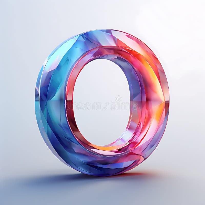 Anillo de vidrio abstracto con colores degradados. Una imagen 3D representada de un objeto en forma de anillo hecho de vidrio con un gradiente de colores del azul al rosado colocado sobre un fondo blanco