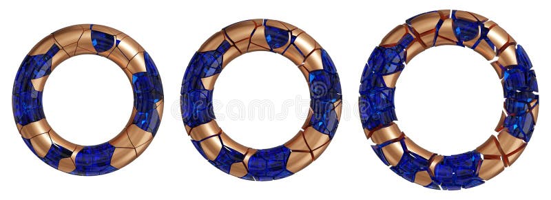 Broken golden ring with blue gem stones. Cracked abstract fantasy artefact isolated on white background. 3D rendered image. Broken golden ring with blue gem stones. Cracked abstract fantasy artefact isolated on white background. 3D rendered image