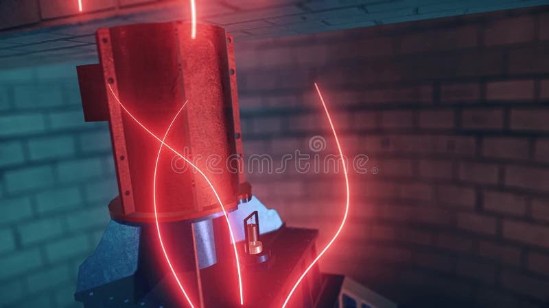 Animación abstracta con la rotación de las ruedas de engranaje del motor rodeada por las ondas rojas, de neón, concepto industria ilustración del vector