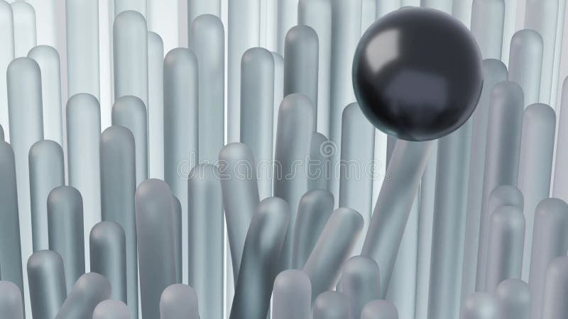 Animación abstracta con una esfera negra deslizándose suavemente sobre barras de goma transparentes y flexibles. Render Cgi con bu stock de ilustración