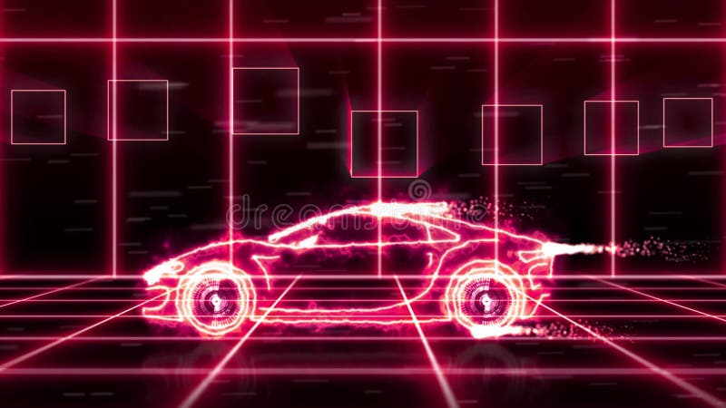 Animación abstracta de un coche estupendo futurista hecho con los wireframes del haz luminoso en escena futurista del fondo de la ilustración del vector