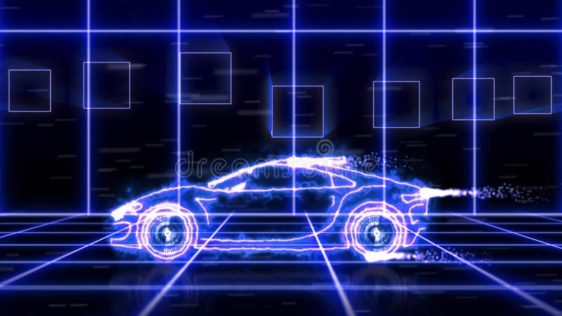 Animación abstracta del coche estupendo futurista azul hecho con los wireframes del haz luminoso en escena futurista del fondo de libre illustration