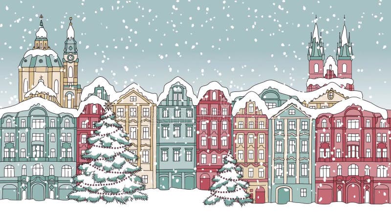 Animación colocada de casas nevadas dibujadas mano stock de ilustración
