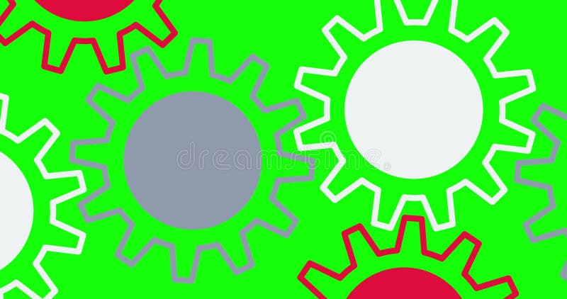 Animación de 4 k de resolución en color gris rojo y blanco rotando sobre fondo verde. cerrar la animación de los engranajes girato