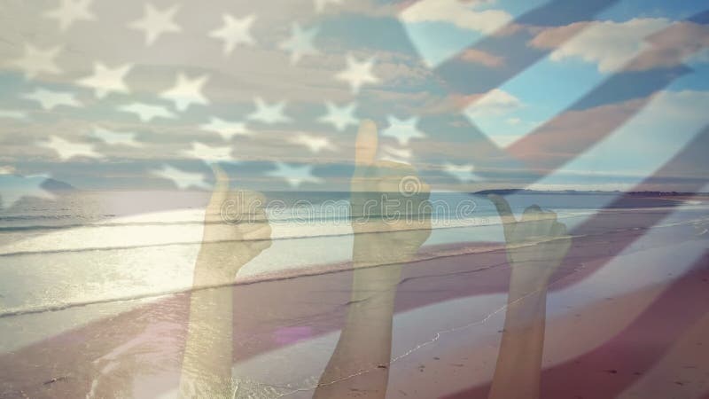 Animación de la bandera de estados unidos ondeando a tres manos haciendo gesto de aprobación hacia arriba stock de ilustración
