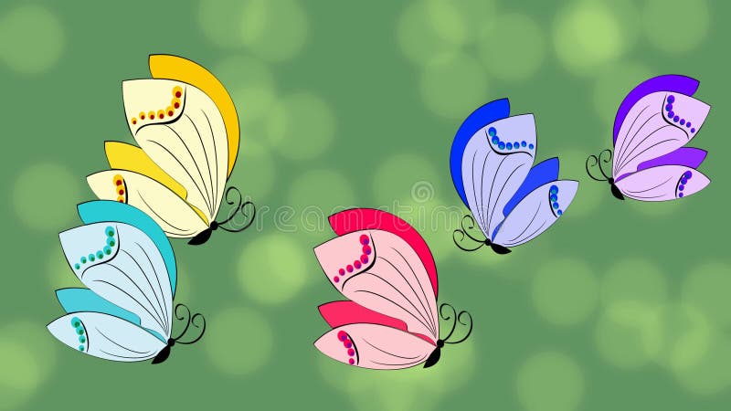 Animación de la mariposa Las mariposas multicoloras que asoman en fondo verde con el bokeh se encienden Thema hermoso de la prima stock de ilustración