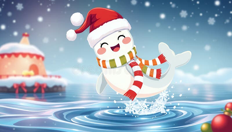 Animación de la Navidad de ballena Beluga en 3D por el salto de la Navidad en invierno stock de ilustración
