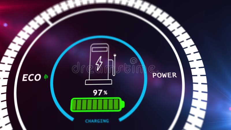 Animación de la pantalla digital de carga de batería que muestra el proceso de carga de la batería del coche eléctrico libre illustration