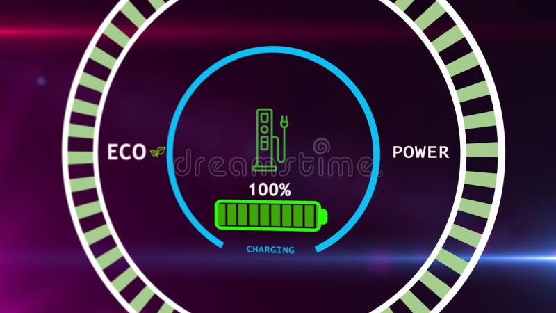Animación de la pantalla digital de carga de batería que muestra el proceso de carga de la batería del coche eléctrico ilustración del vector