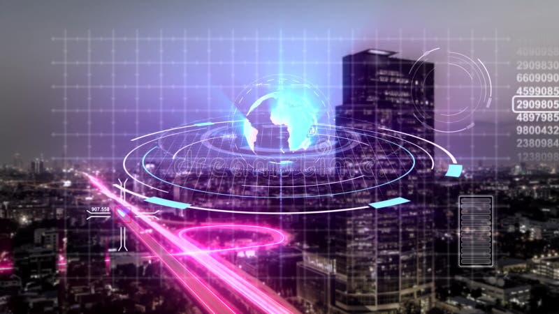 Animación de la tecnología digital de la exploración del holograma de la ciudad moderna en concepto del Internet del negocio y de