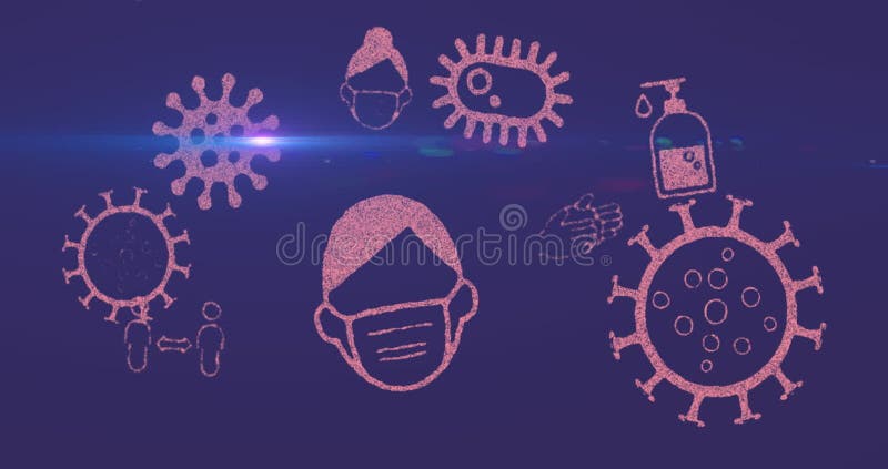 Animación de múltiples iconos caídos sobre las bengalas de lente contra fondo azul libre illustration