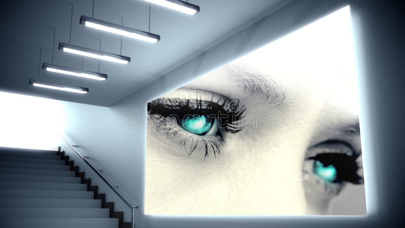 Animación de una escalera con una gran pantalla que muestra los ojos azules de una mujer caucásica metrajes