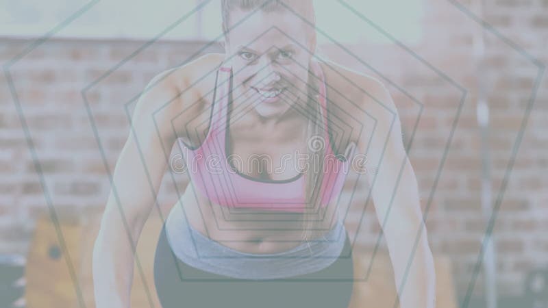 Animación del túnel brillante sobre la mujer que hace ejercicio metrajes