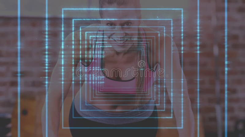 Animación del túnel brillante sobre la mujer que hace ejercicio metrajes