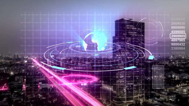 Animación inconsútil de la tecnología digital de la exploración del holograma de la ciudad moderna en Internet del negocio y de l